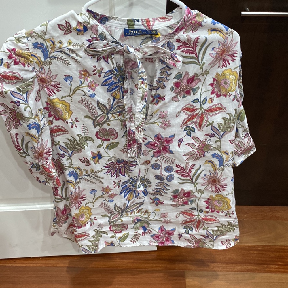 Polo Ralph Lauren Tie Neck Floral Print Linen Blouse, White/Multicolor NWOT - Picture 4 of 9